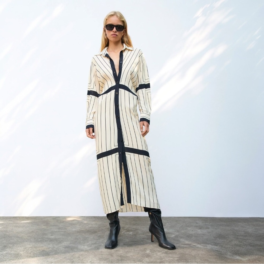 Zara Cream and Black Striped Midi Shirt Dress